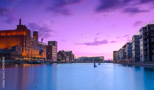Duisburg Harbor district in the evening.