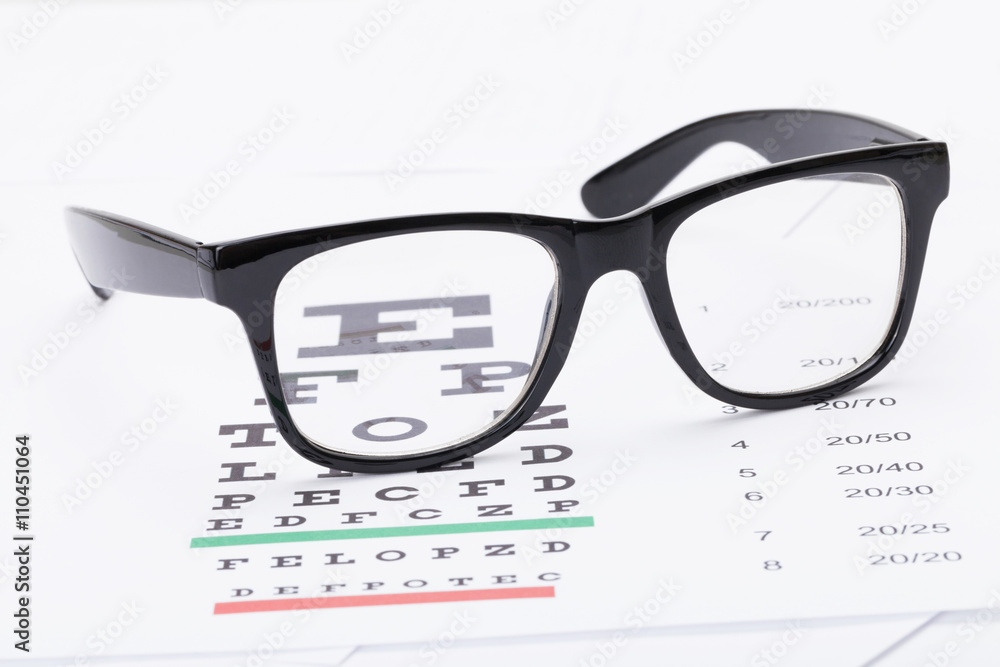 Ταπετσαρία Table for eyesight test and neat glasses over it - close up studio shot