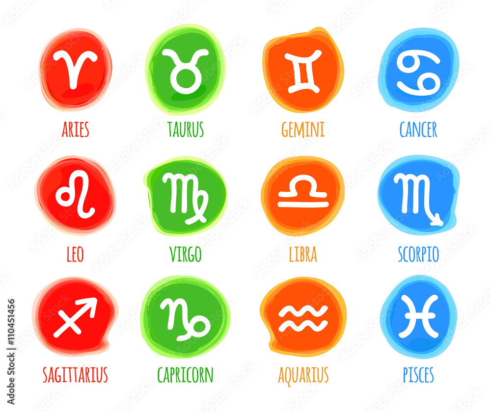 Set of signs zodiac watercolor in spots. Set of signs zodiac watercolor in spots.