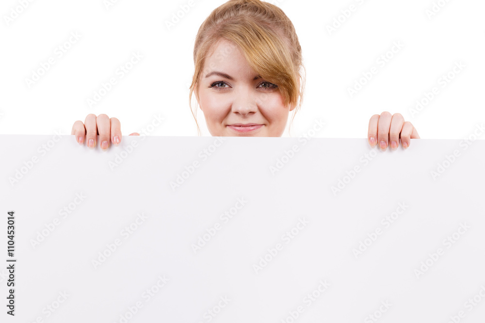 Woman with blank presentation board banner sign Woman with blank presentation board banner sign