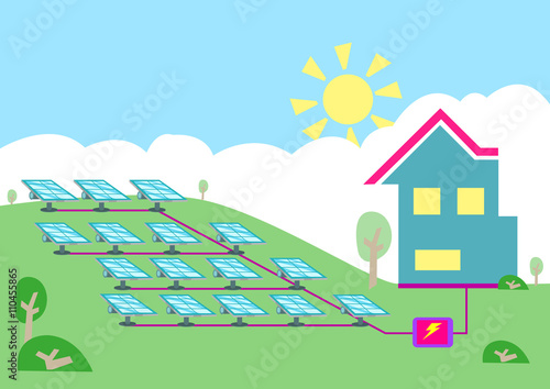 An array of solar powered cell converting sun energy  into electricity for homes. Editable Clip art.
