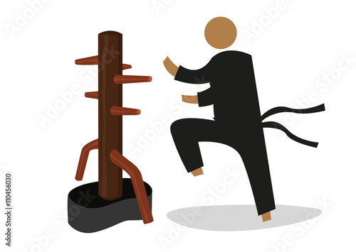 Man Attacks a Wooden Dummy used in personal training by martial artist. Editable Clip Art.
