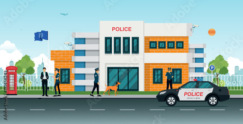 Police station with police cars and police men and women.