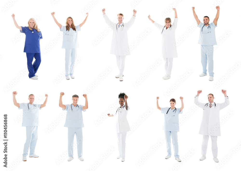 Collage Of Doctors With Medical Workers Raising Arms