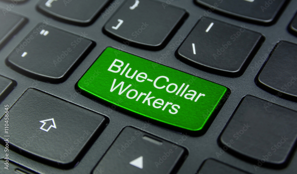 Business Concept: Close-up the Blue-Collar Workers button on the keyboard and have Lime, Green color button isolate black keyboard Business Concept: Close-up the Blue-Collar Workers button on the keyboard and have Lime, Green color button isolate black keyboard