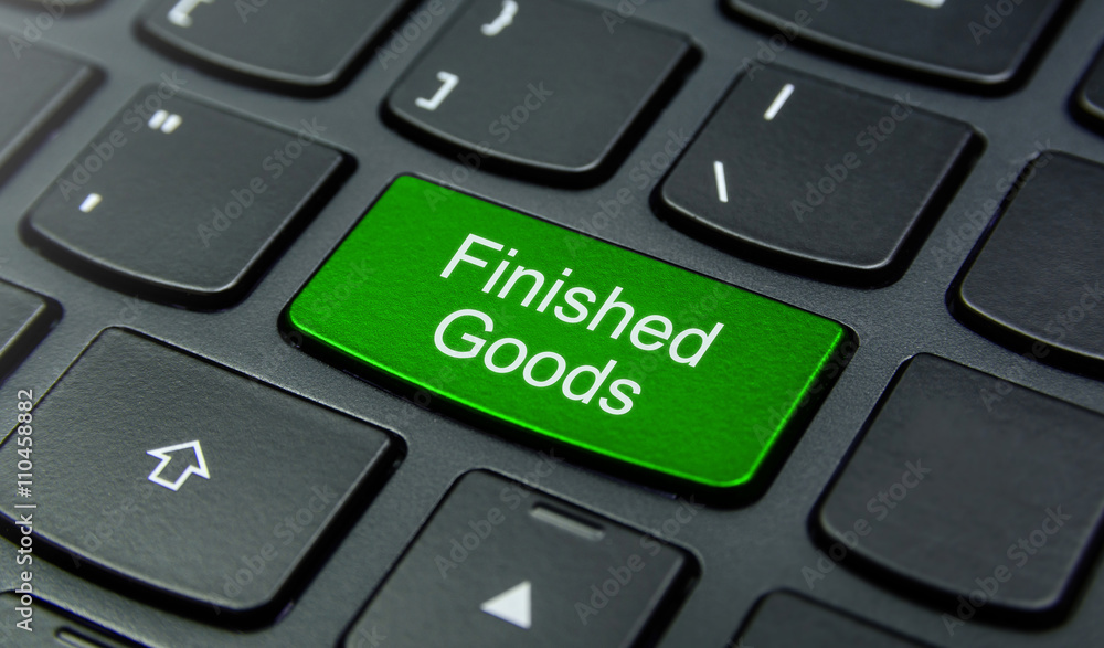 Business Concept: Close-up the Finished Goods button on the keyboard and have Lime, Green color button isolate black keyboard Business Concept: Close-up the Finished Goods button on the keyboard and have Lime, Green color button isolate black keyboard