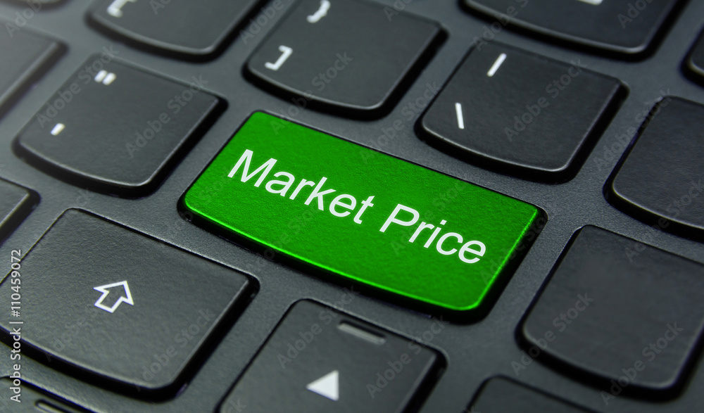 Business Concept: Close-up the Market Price button on the keyboard and have Lime, Green color button isolate black keyboard Business Concept: Close-up the Market Price button on the keyboard and have Lime, Green color button isolate black keyboard