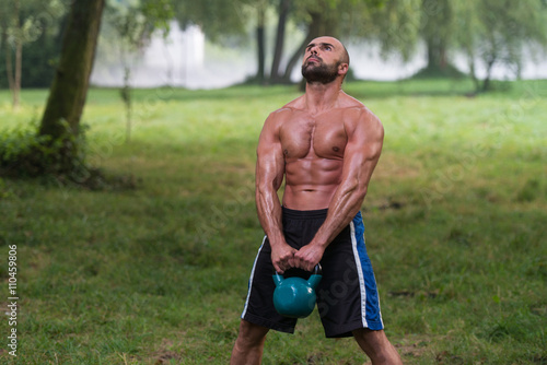 Fitness Kettlebell Swing Exercise Man Workout Outdoors