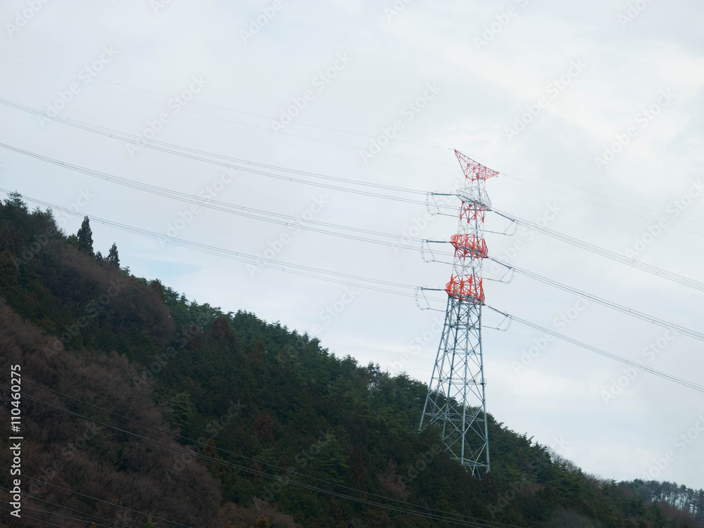 white and red painted power pole on the mountain forest