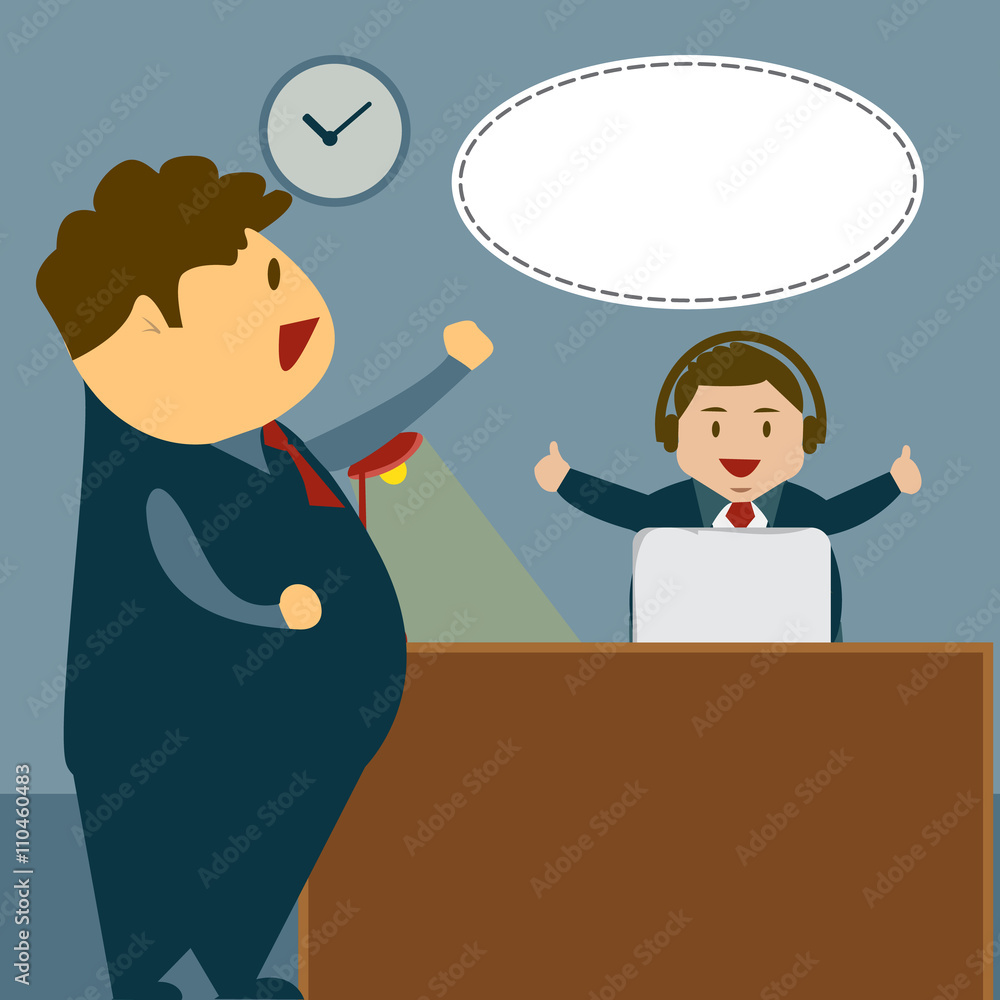 Business Man Sitting Desk Office Working Place, Satisfied boss with thumb up with blank space, Flat Vector Illustration. Business Man Sitting Desk Office Working Place, Satisfied boss with thumb up with blank space, Flat Vector Illustration.