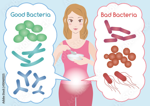 Young woman who eats yogurt, Good Bacteria and Bad Bacteria, enteric bacteria, Intestinal flora, Gut flora, probiotics, image illustration
