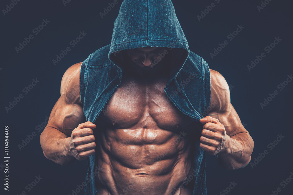 Man with muscular torso. Strong Athletic Men Fitness Model Torso - obrazy, fototapety, plakaty 