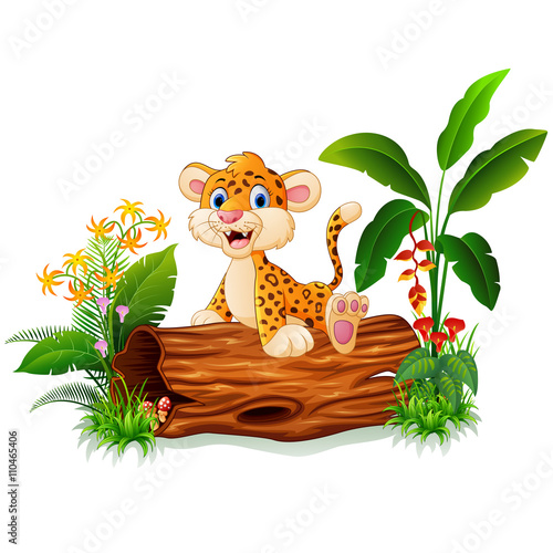 Cartoon baby cheetah on tree trunk