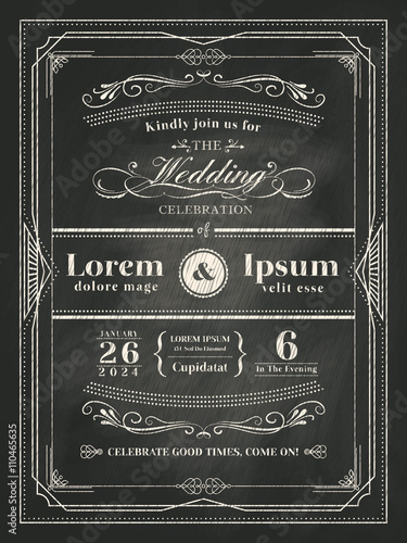 vintage frame wedding invitation card on black chalkboard