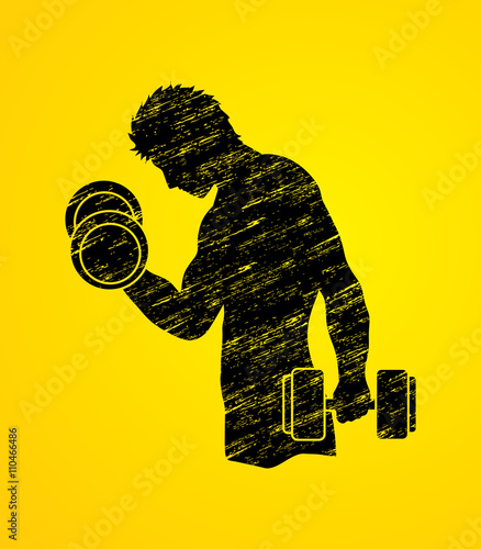 Man exercises with dumbbell designed using grunge brush graphic vector