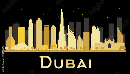 Dubai City skyline silhouette with golden skyscrapers.