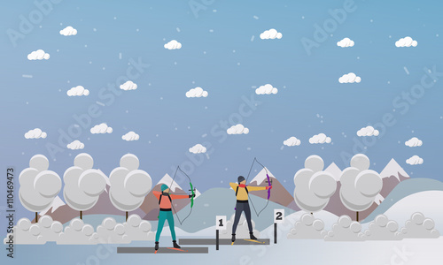 Sport shooting banner. Archery biathlon competition games vector illustration. People in shoot positions