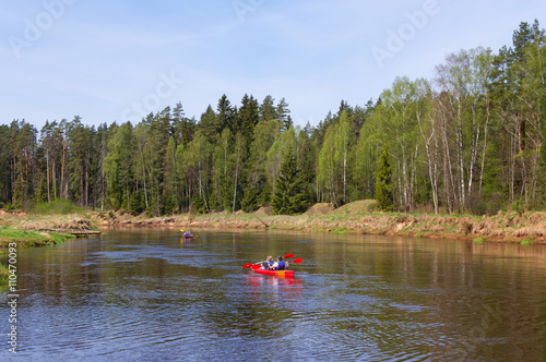 On the river in a canoe descent.