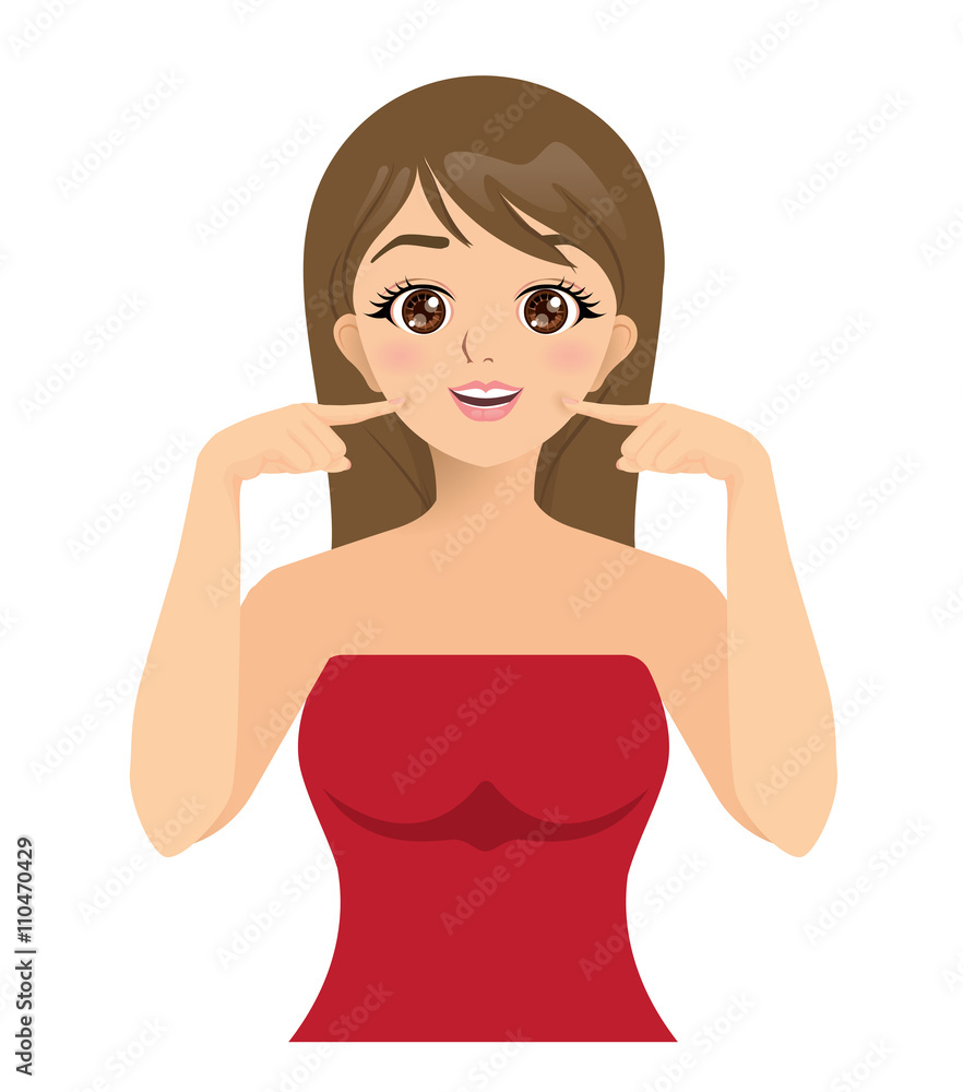 Vector of Beautiful girl smiling showing her white teeth and pointing fingers at mouth Vector of Beautiful girl smiling showing her white teeth and pointing fingers at mouth