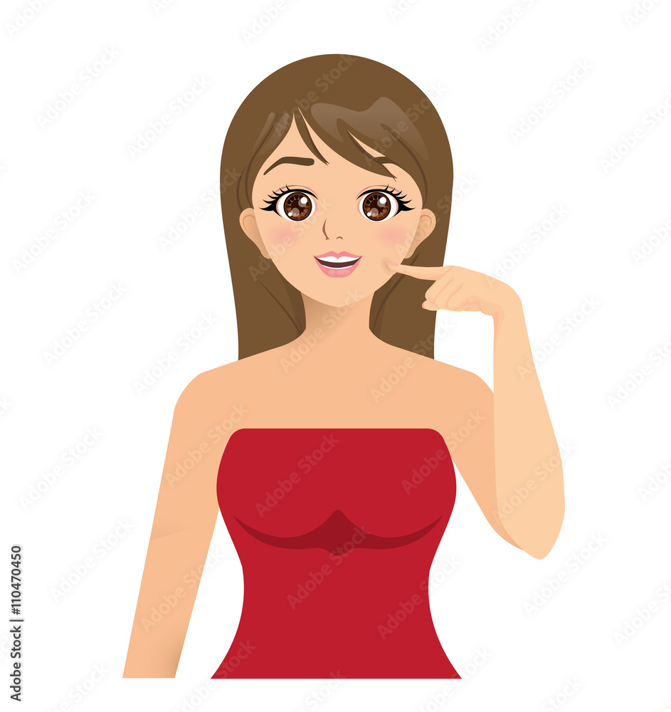 Vector of Beautiful girl smiling showing her white teeth and pointing fingers at mouth Vector of Beautiful girl smiling showing her white teeth and pointing fingers at mouth