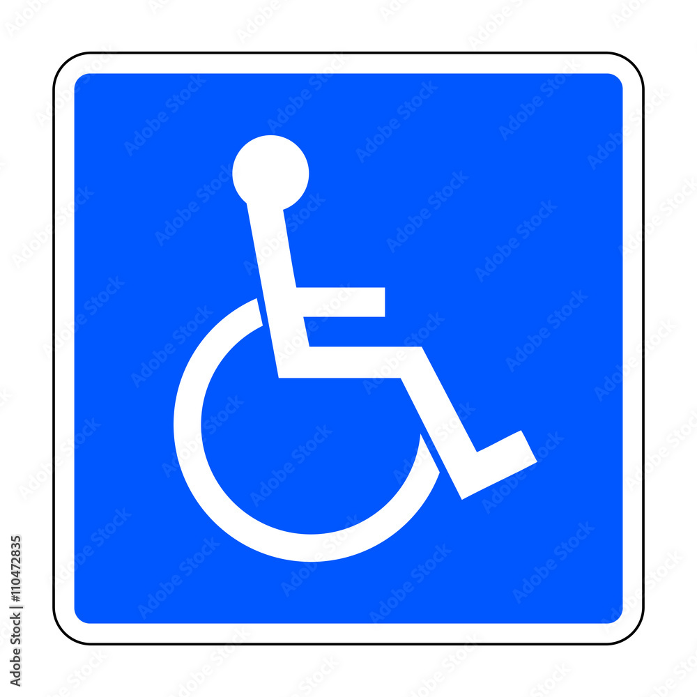 Disabled sign. Handicapped person icon in a blue square isolated on white background. Illustrations of warning emblem and permissive symbol for the disabled. Vector illustration Disabled sign. Handicapped person icon in a blue square isolated on white background. Illustrations of warning emblem and permissive symbol for the disabled. Vector illustration
