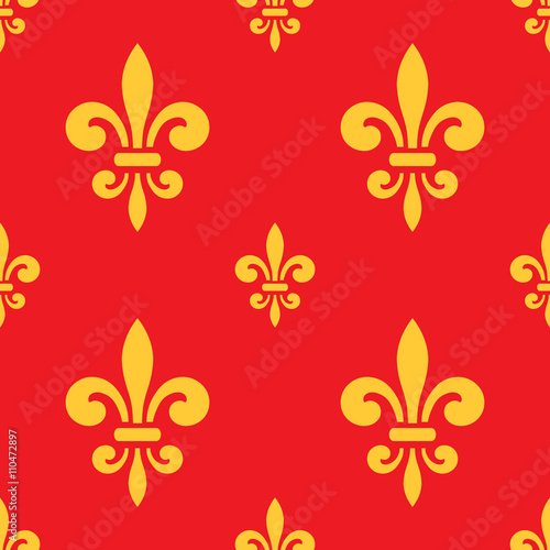 Seamless pattern with gold fleur-de-lis on red background. Graphics design for wallpaper, wrapping, tiles, fabric, apparel, print production. Fleur de lis royal lily texture in antique style. Vector