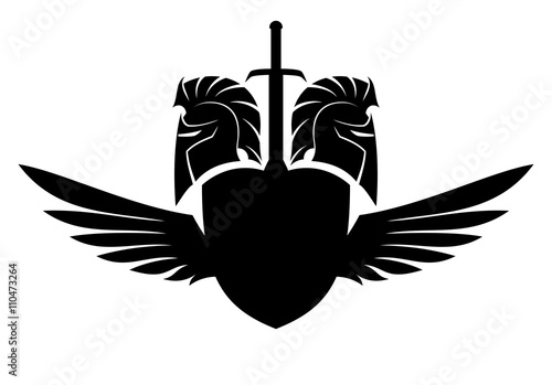 Spartan helmet, shield, sword and wings.