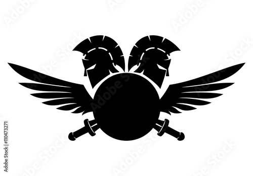 Spartan helmet, shield, sword and wings.