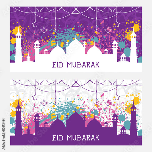 Beautiful greeting card for muslim community festival Eid Mubarak. Pattern with ornament Arabic calligraphy and mosque with splashes in watercolor style. Vintage hand drawn vector illustration