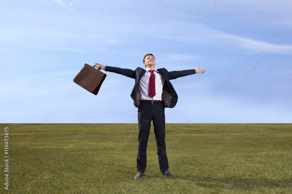 Freelancer. Businessman standing on green meadow with a briefcas Freelancer. Businessman standing on green meadow with a briefcas