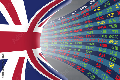 Flag of the United Kingdom with a large display of daily stock market price and quotations during normal economic period. The fate and mystery of the UK stock market, tunnel/corridor concept.