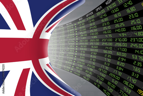 Flag of the United Kingdom with a large display of daily stock market price and quotations during economic booming period. The fate and mystery of the UK stock market, tunnel/corridor concept. photo