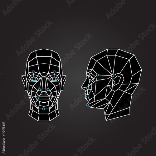 Geometric abstract human face, front view, side view. Biometric verification