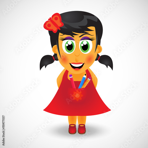 Little girl in red dress with pencils