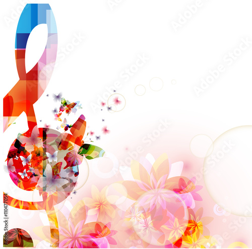 Colorful music background with G-clef and butterflies