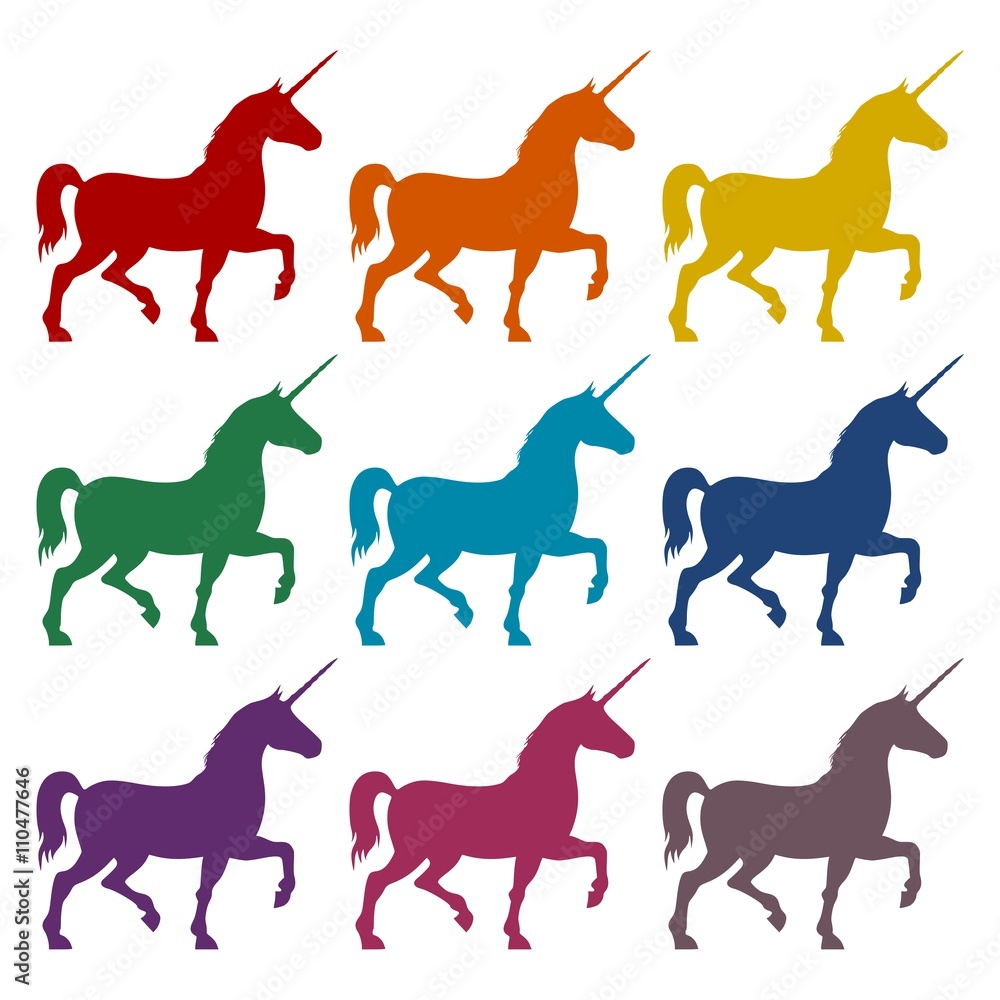Silhouette of Unicorn Horse icons set 