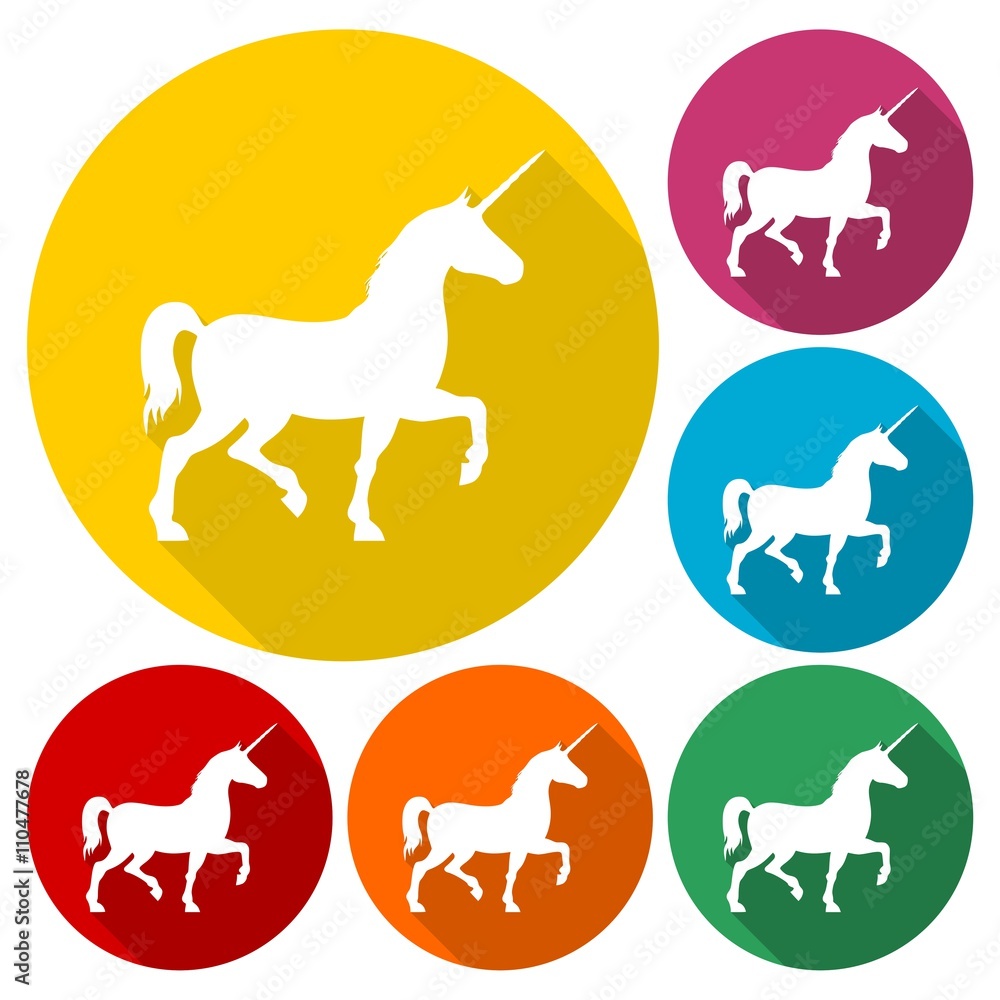 Silhouette of Unicorn Horse icons set with long shadow
