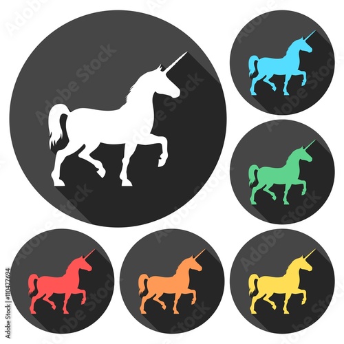 Silhouette of Unicorn Horse icons set with long shadow