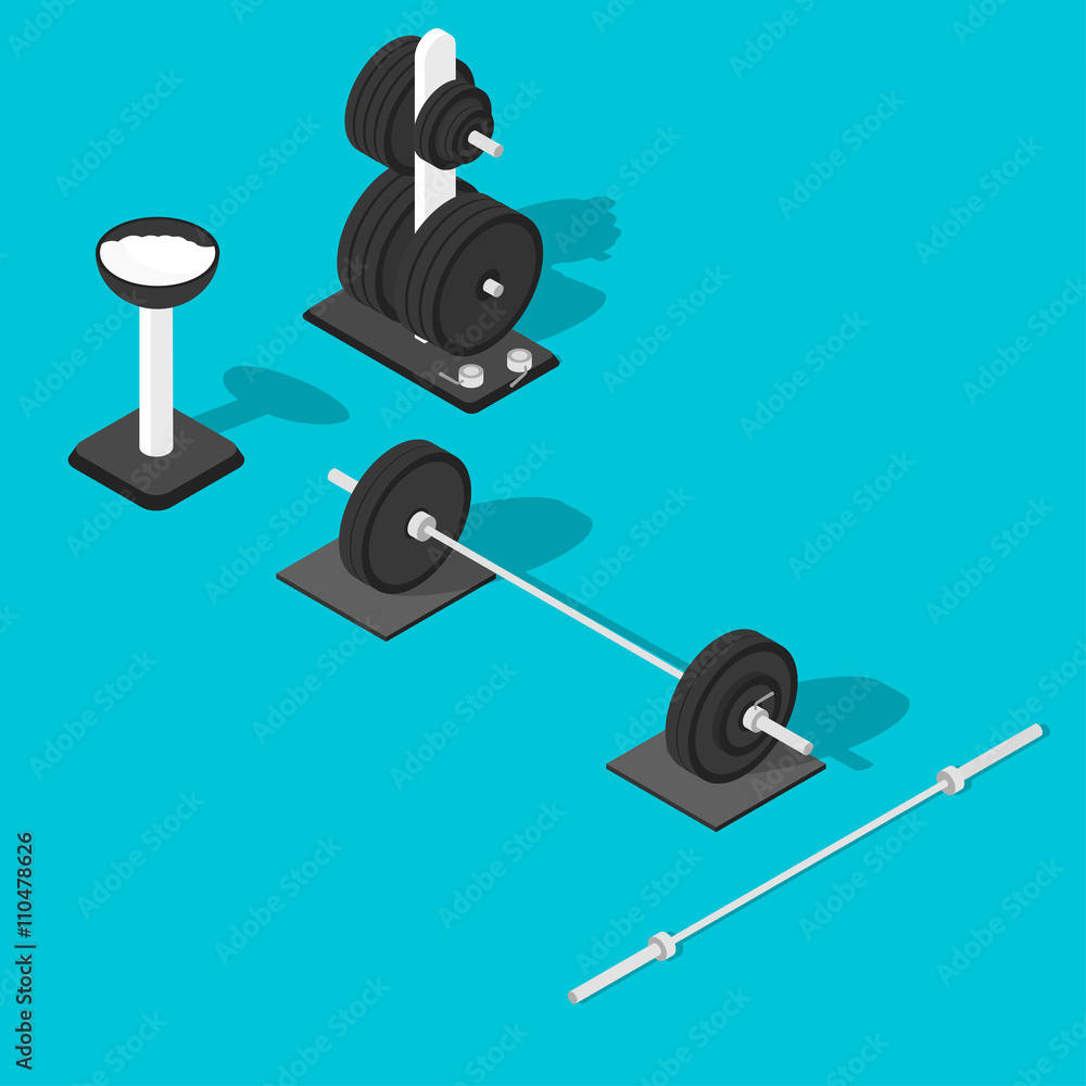 Barbell, weights stand and bar. Barbell, weights stand and bar.