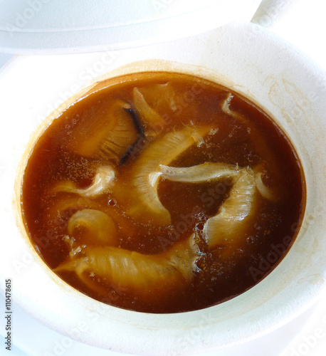 chinese food - braised shark fin with brown soup in clay pot