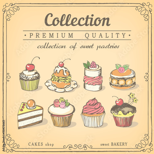 Set of hand-drawn vector icons pastries. Collection of cupcakes.
