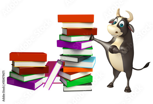 Bull cartoon character with book stack © visible3dscience