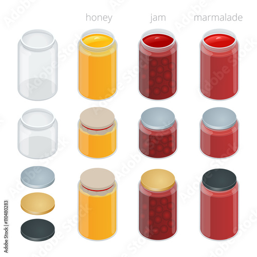 Glass jar with with jam, configure or honey. Vector 3d flat isometric illustration.