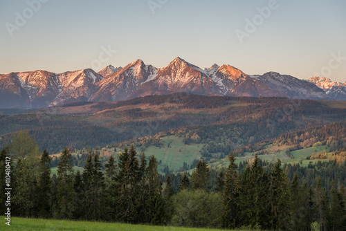 Morning panorama of Tatra Mountains in spring  Poland