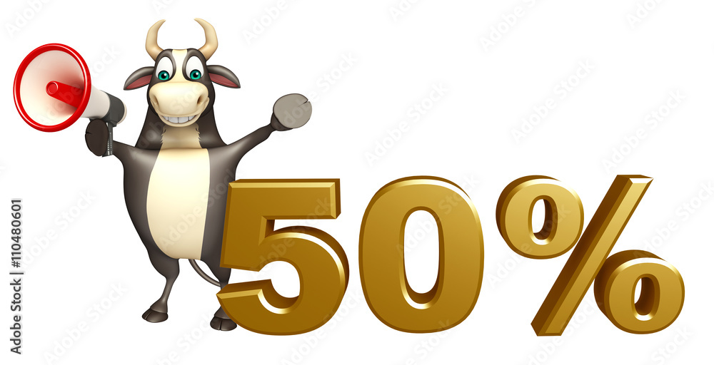 Naklejka premium Bull cartoon character with loudseaker and 50% sign