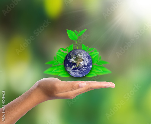 Earth on hand with green leaf, elements of this image furnished