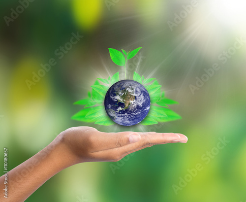 Earth on hand with green leaf, elements of this image furnished