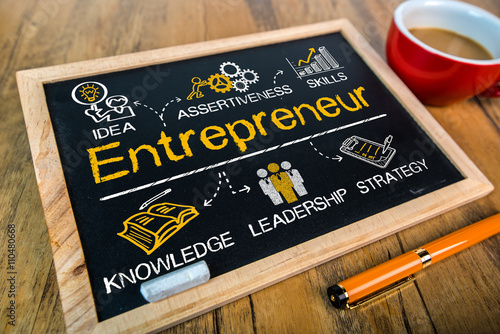 entrepreneur concept with business elements drawn on blackboard photo