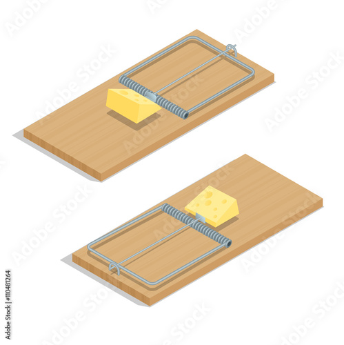 Mousetrap with cheese Flat 3d vector isometric illustration. Realistic mousetrap closeup isolated on white background