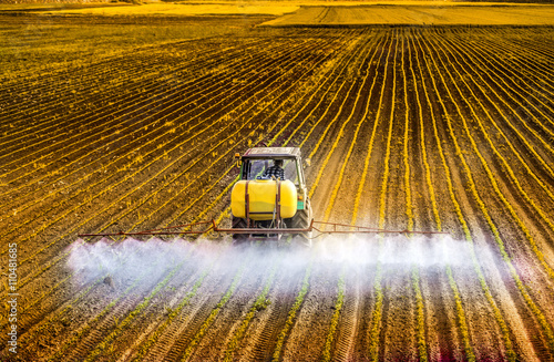 Tractor spraying a field of corn